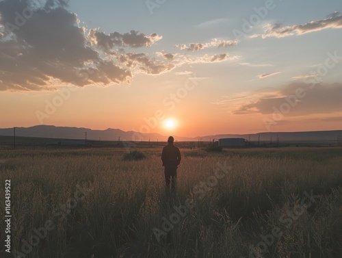 Oil worker laboring in oil fields during a stunning sunset landscape photography scene photo