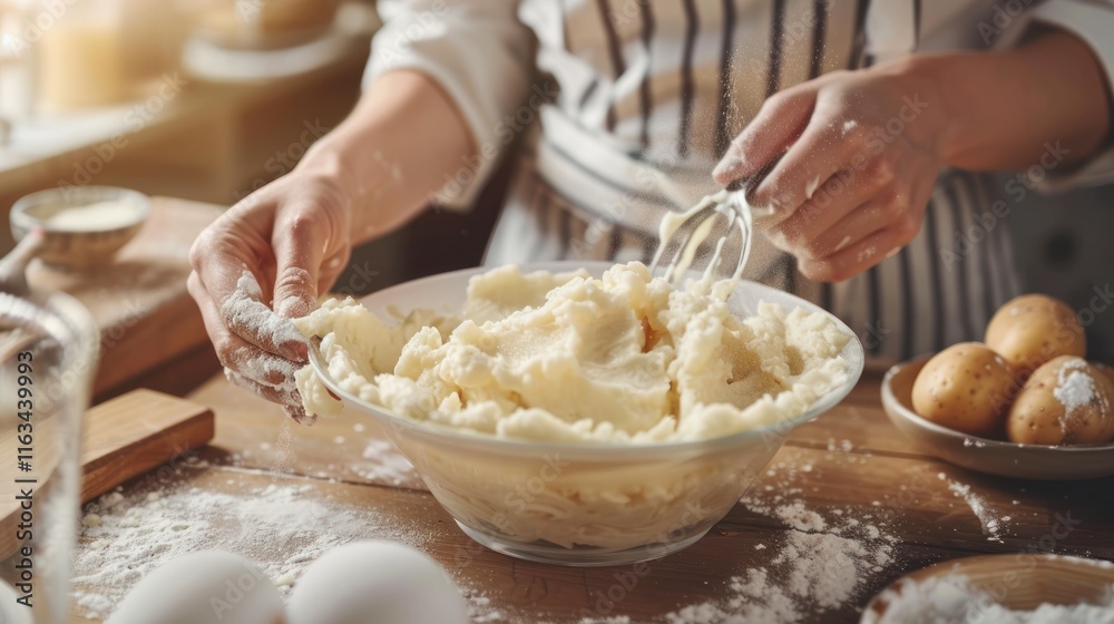 Fototapeta premium Woman's hands mixing creamy mashed potatoes in a glass bowl.