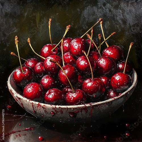 Luscious Cherries in a Bowl: A Still Life Oil Painting photo