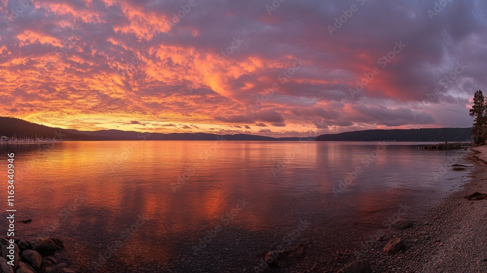Obraz premium Fiery Sunset over Serene Lake Panorama