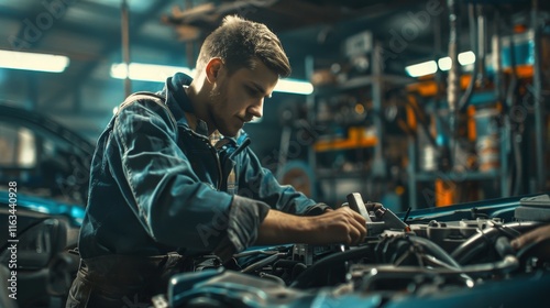 Skilled mechanic repairing car engine at an auto repair shop with focused precision