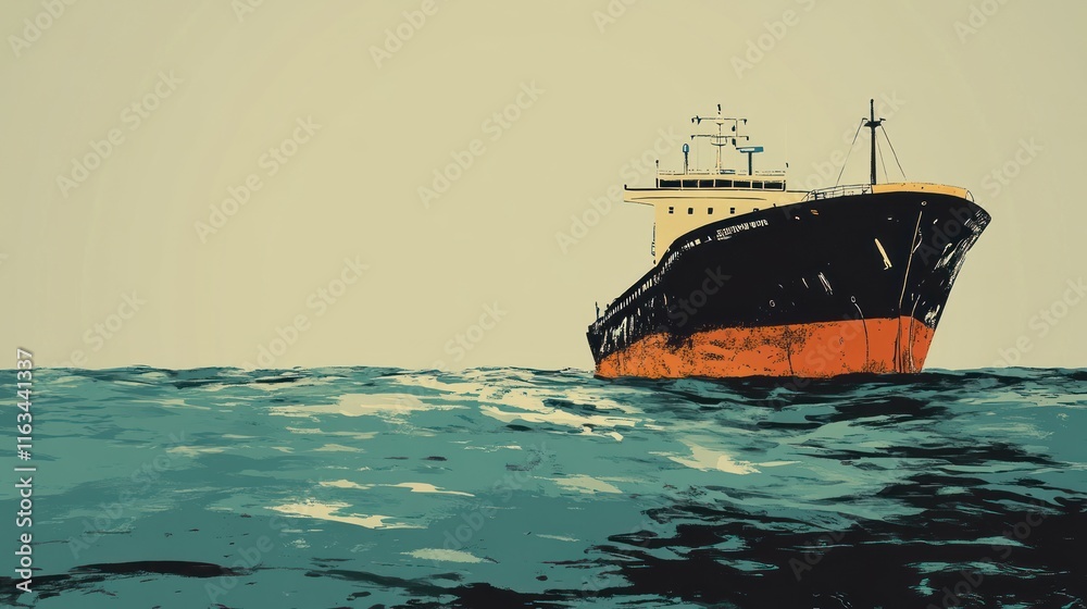 Fototapeta premium Cargo ship sailing on wavy ocean.