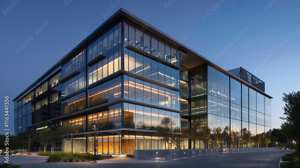 Exterior architectural rendering of an industrial building with one side covered in black timber cladding, the other half is glass and metal. Carbon-neutral glass structured office building set
Exterior architectural rendering of an industrial building with one side covered in black timber cladding, the other half is glass and metal. Carbon-neutral glass structured office building set