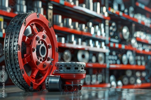 3d visualization of car parts collection in auto service store with oversized red caliper display photo