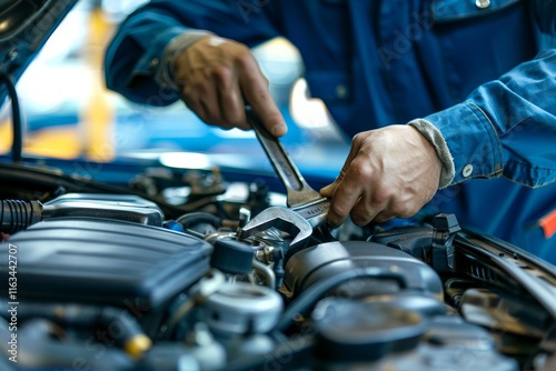 Close up of auto mechanic repairing engine with tools in boutique garage style for automotive ad