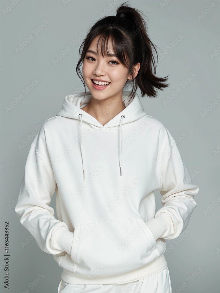 Asian Woman Wearing White Pullover Hoodie - Front View Asian Woman Wearing White Pullover Hoodie - Front View
