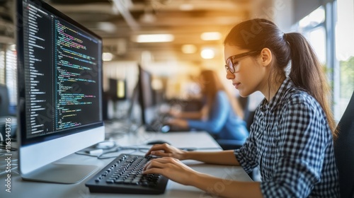 Focused Programmer Coding on Desktop Computer