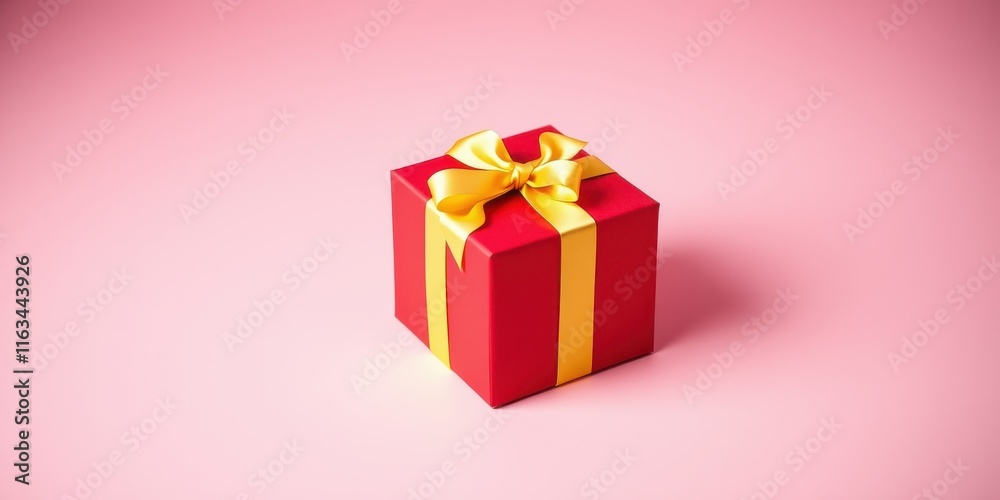 Fototapeta premium A vibrant red gift box adorned with a luxurious golden ribbon, resting on a soft pink background.