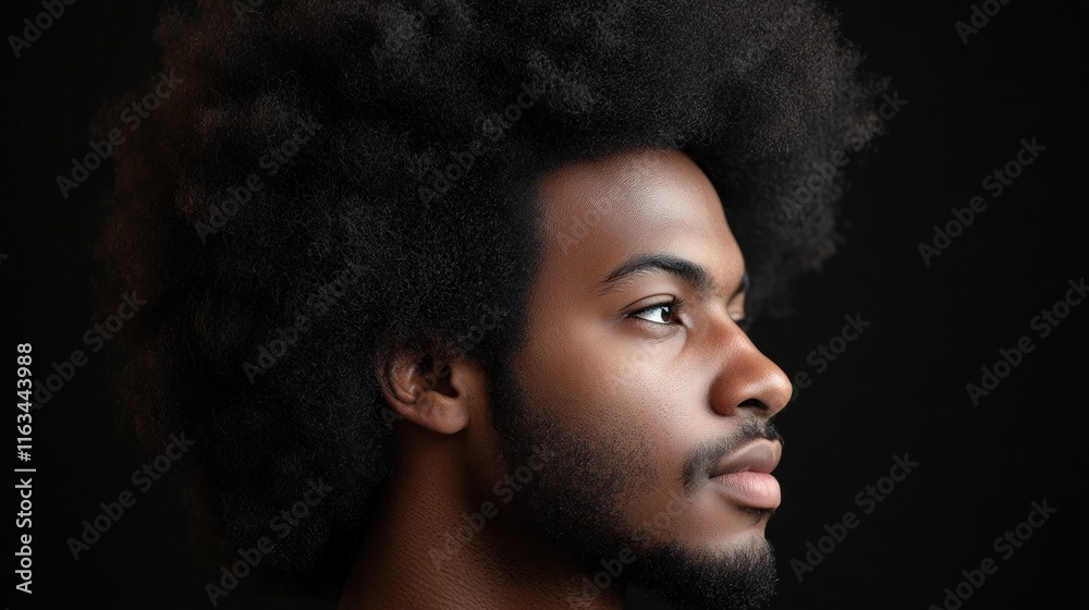Close-up profile of a young Black man with an afro, looking thoughtfully to his right against a black background. Close-up profile of a young Black man with an afro, looking thoughtfully to his right against a black background.
