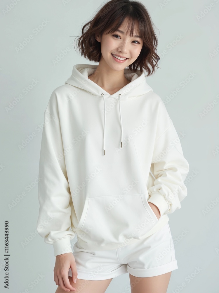 White Pullover Hoodie Styled by Asian Female Model - Front View White Pullover Hoodie Styled by Asian Female Model - Front View