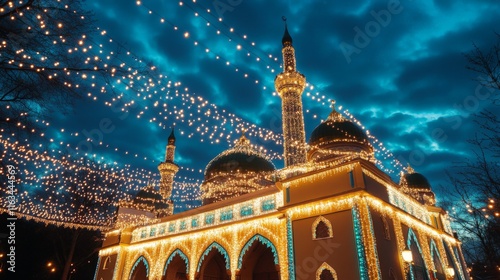 Stunning night view of illuminated mosque with string lights and dramatic sky photo