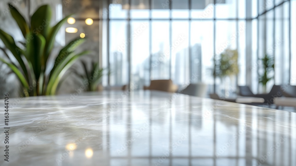 Bokeh effect in an office interior with marble stone tabletop for product display. Concept Bokeh Effect, Office Interior, Marble Stone Tabletop, Product Display, Photography