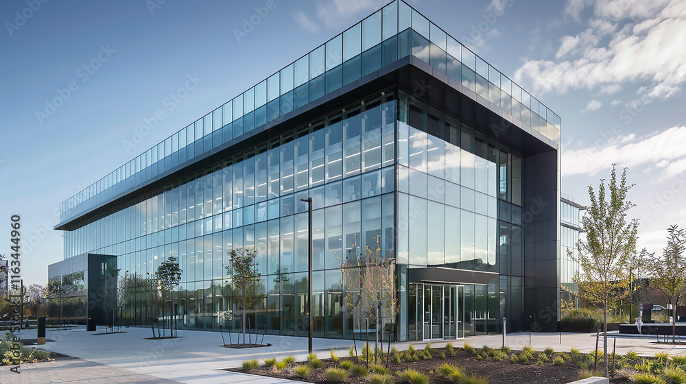 Obraz premium Exterior architectural rendering of an industrial building with one side covered in black timber cladding, the other half is glass and metal. Carbon-neutral glass structured office building set 