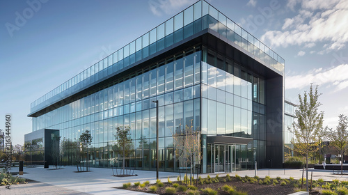 Exterior architectural rendering of an industrial building with one side covered in black timber cladding, the other half is glass and metal. Carbon-neutral glass structured office building set
 photo