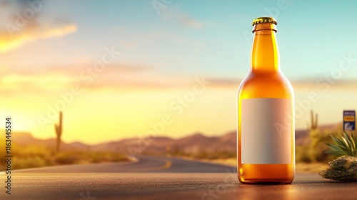 Beer Bottle Mockup on a Desert Road. Generative AI photo