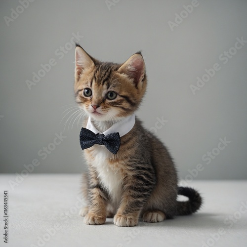 "A playful kitten wearing a tiny bow tie, sitting on a white surface."