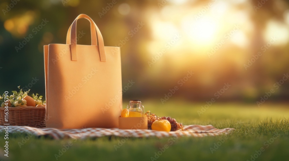 Fototapeta premium Canvas Tote with Picnic Setup in Sunny Outdoors. Generative AI