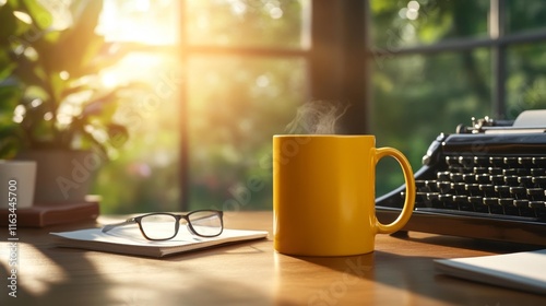 Yellow Mug on a Writer's Desk in Morning Sunlight. Generative AI photo