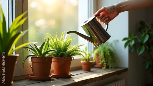 A hand gently watering houseplants on a windowsill filled with potted greenery photo