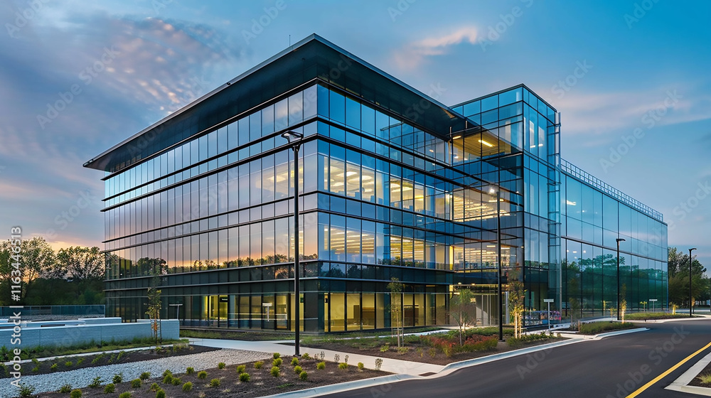 Obraz premium Newly build modern office building with warehouse Industrial building car architecture vehicle.