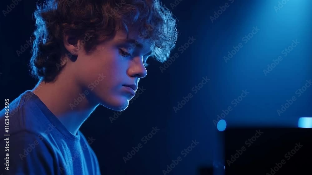 Young man with closed eyes playing piano in blue light. Music performance. For concert, social media. Studio shot. With space for text. Young man with closed eyes playing piano in blue light. Music performance. For concert, social media. Studio shot. With space for text.
