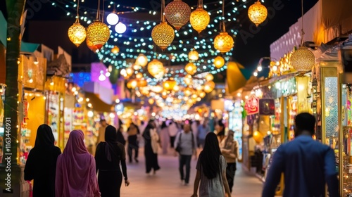 Vibrant middle eastern market at night with decorative lanterns and diverse crowd photo