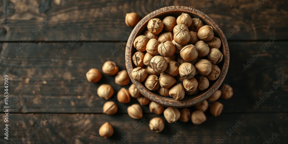 A rustic wooden bowl overflowing with shelled nuts, scattered on a dark brown wooden surface A rustic wooden bowl overflowing with shelled nuts, scattered on a dark brown wooden surface
