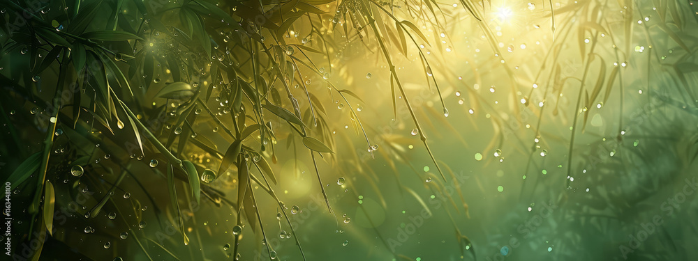 Fototapeta premium Morning sunlight on dew-covered spiderweb in green grass