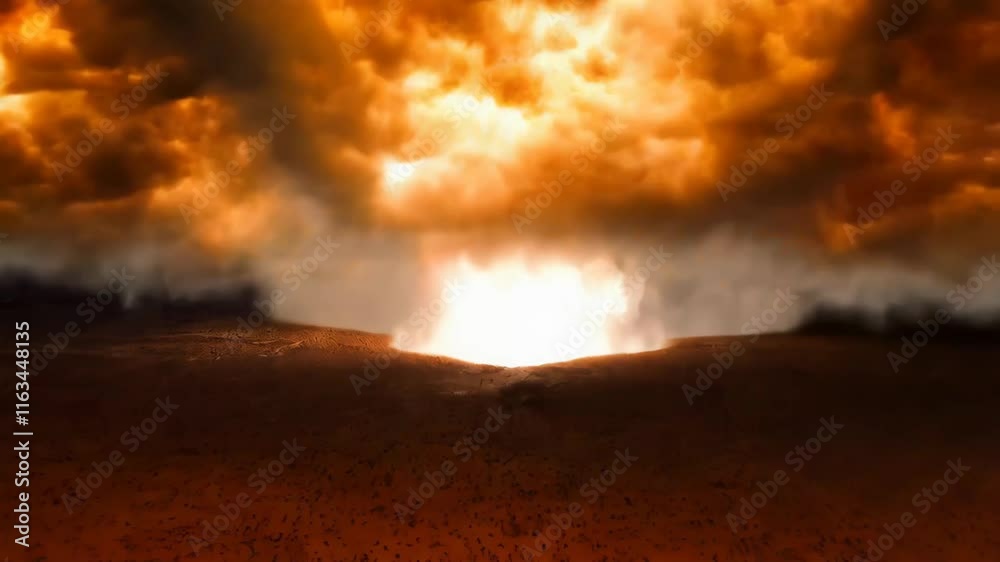 Desert sunset with a fire blast, epic landscape, outdoor view, natural, concept of a disaster, for intro and outro, with place for text