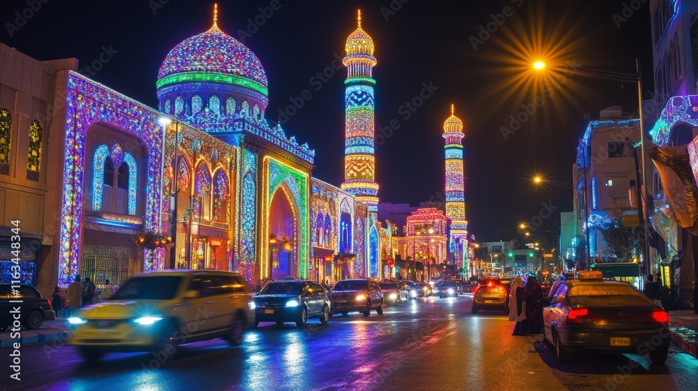Obraz premium Vibrant nighttime urban scene with illuminated middle eastern architectural buildings