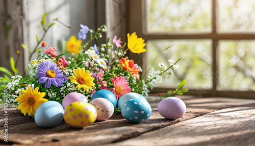 Cheerful Easter bouquet with festive spring colors. Bright spring flowers with Easter eggs on a sunny table. copy space. Easter decorations with vibrant flowers and eggs photo