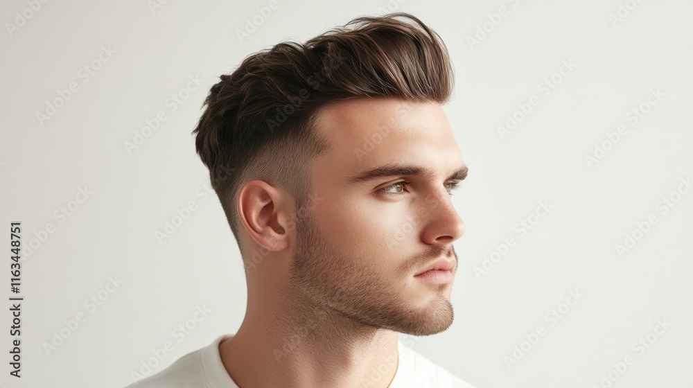 Close-up profile of a young man with styled hair and short beard, looking to the side against a light background. Close-up profile of a young man with styled hair and short beard, looking to the side against a light background.
