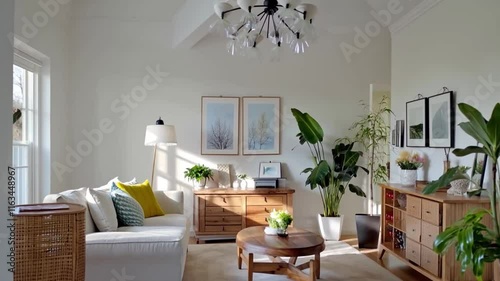 Warm and cozy spring living room interior featuring mock up poster frame wooden sideboard white sofa green plants stylish lamp and modern decor elements