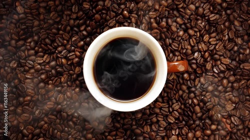 The sweet aroma of coffee, the hot steam rising from the coffee cup, and the scene of delicious coffee bean roasting
