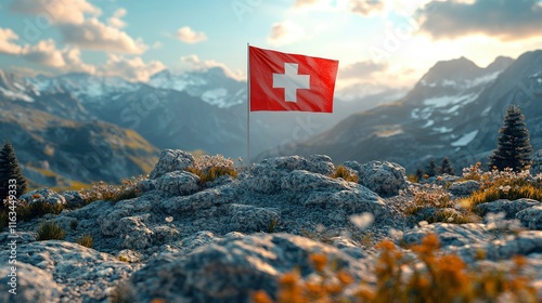 Swiss Flag on Mountain Peak with Stunning Alpine Panorama