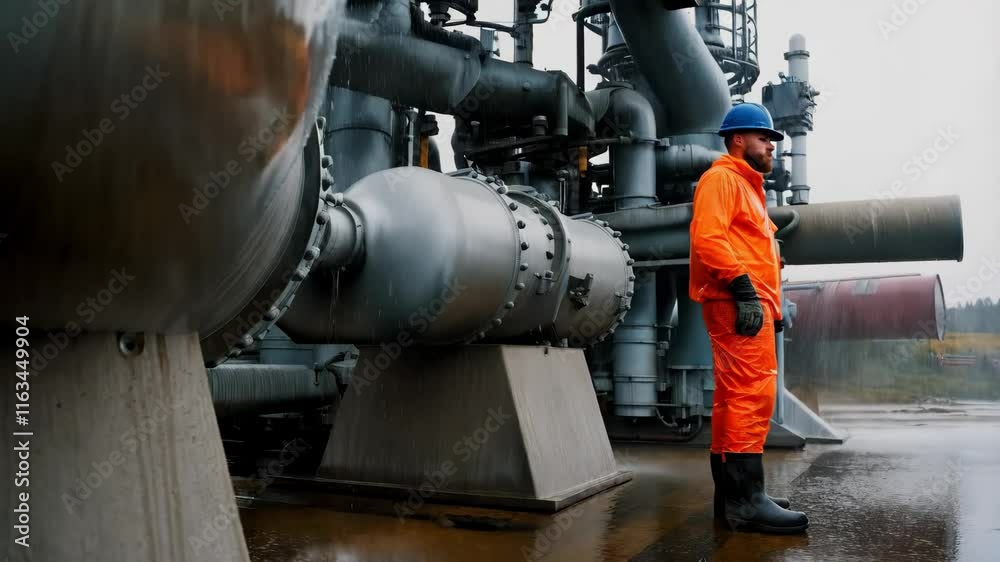 Industrial worker in orange suit near pipeline. Factory outdoor shot. Concept of oil and gas industry, engineering, construction. For website, background. Industrial worker in orange suit near pipeline. Factory outdoor shot. Concept of oil and gas industry, engineering, construction. For website, background.