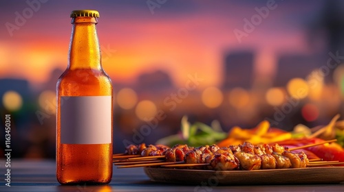 Beer Bottle Mockup at Street Food Stall. Generative AI photo