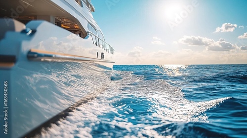 Luxury yacht cruising through sparkling blue waters under a bright sky 