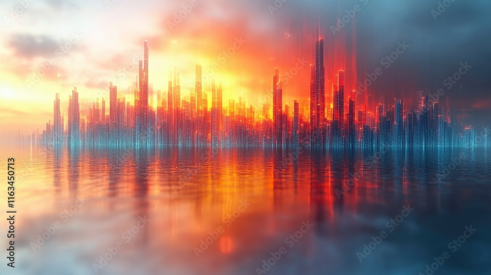 Fototapeta premium Futuristic Cityscape at Sunset - Digital Art of a Modern Metropolis Reflected in Calm Waters