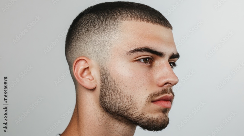 Obraz premium Close-up profile view of a young man with a short, stylish haircut and a well-groomed beard.