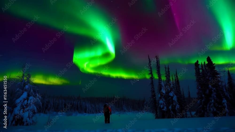 Northern lights, Aurora Borealis above snow trees. Colorful bright nature, natural phenomenon for website, presentation. Outdoor shot with a small person at the bottom