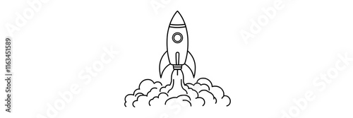 A thick-lined doodle of a rocket launching with smoke clouds underneath, drawn in simple outlines without any fill color, on a plain white background.

