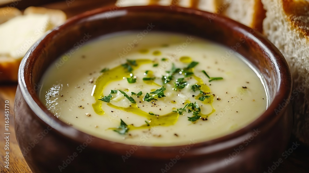 Bowl of homemade creamy leek soup with parsley and bread on a wooden background Bowl of homemade creamy leek soup with parsley and bread on a wooden background
