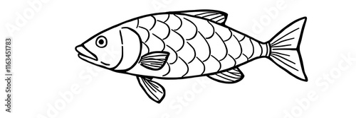 A thick-lined doodle of a fish with simple scales and a curved tail, drawn in bold outlines with no fill color, placed on a plain white background.

