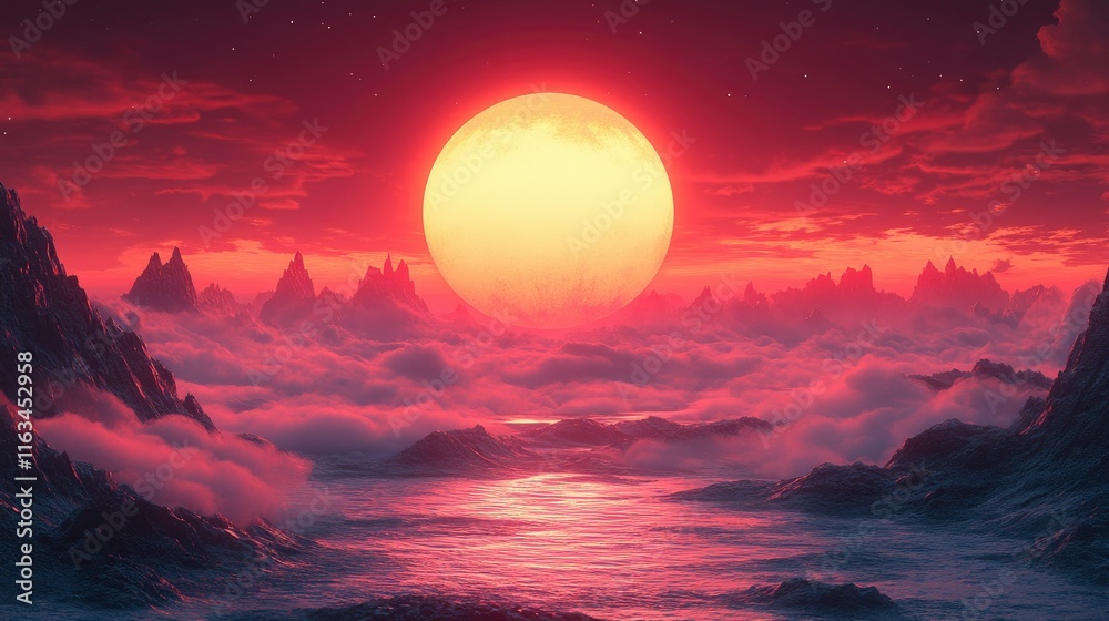 Surreal Sunset over a Misty Mountain Range with a Giant Red Sun Surreal Sunset over a Misty Mountain Range with a Giant Red Sun