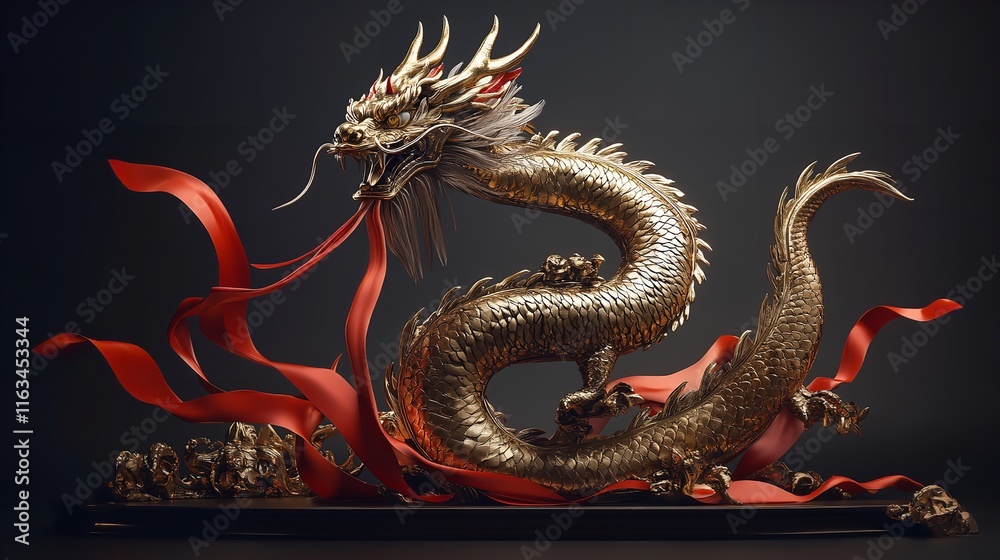 Obraz premium A Majestic Dragon Statue Adorned with Gold and Red Decorations for Lunar New Year