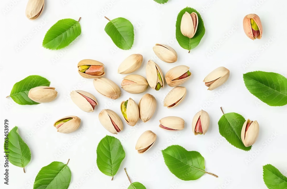 Pistachios with leaves isolated on a white background