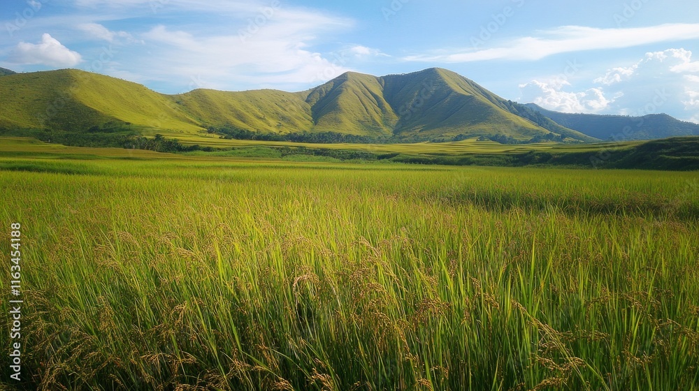 Lush Rice Fields and Volcanic Grandeur Under the Azure Sky. Lush Rice Fields and Volcanic Grandeur Under the Azure Sky.