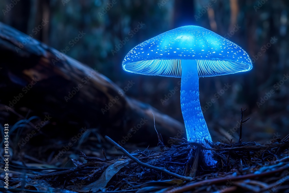 Fototapeta premium Fantastic glowing mushroom in the forest at night. Psychedelic surreal image.