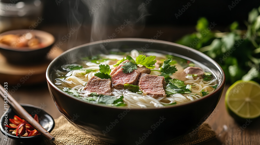 Steaming noodle soup in a bowl, enriched with succulent beef slices, fresh herbs, chili, and lime, culminating in a flavorsome and comforting culinary delight. Steaming noodle soup in a bowl, enriched with succulent beef slices, fresh herbs, chili, and lime, culminating in a flavorsome and comforting culinary delight.